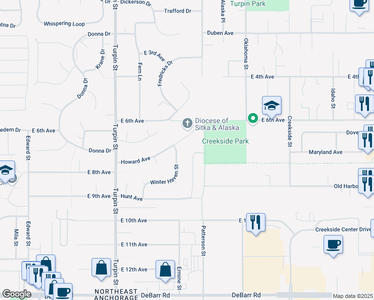 map of restaurants, bars, coffee shops, grocery stores, and more near 740 Hunt Circle in Anchorage