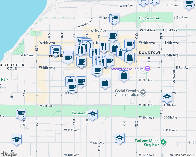 map of restaurants, bars, coffee shops, grocery stores, and more near 798 F St in Anchorage