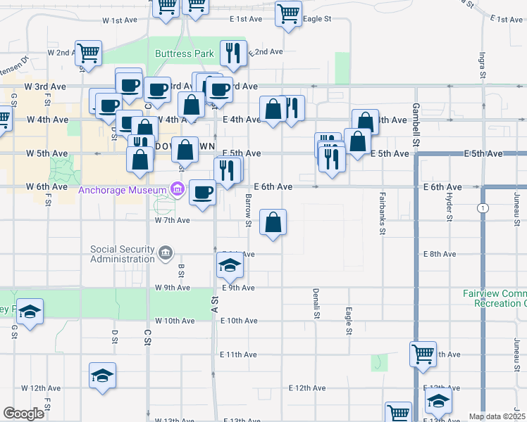 map of restaurants, bars, coffee shops, grocery stores, and more near in Anchorage