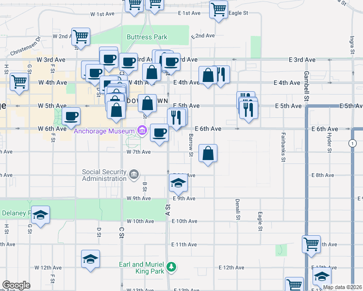 map of restaurants, bars, coffee shops, grocery stores, and more near 600 Barrow Street in Anchorage