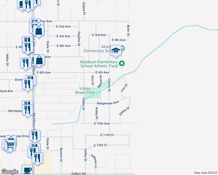 map of restaurants, bars, coffee shops, grocery stores, and more near 720 Kluane Drive in Anchorage