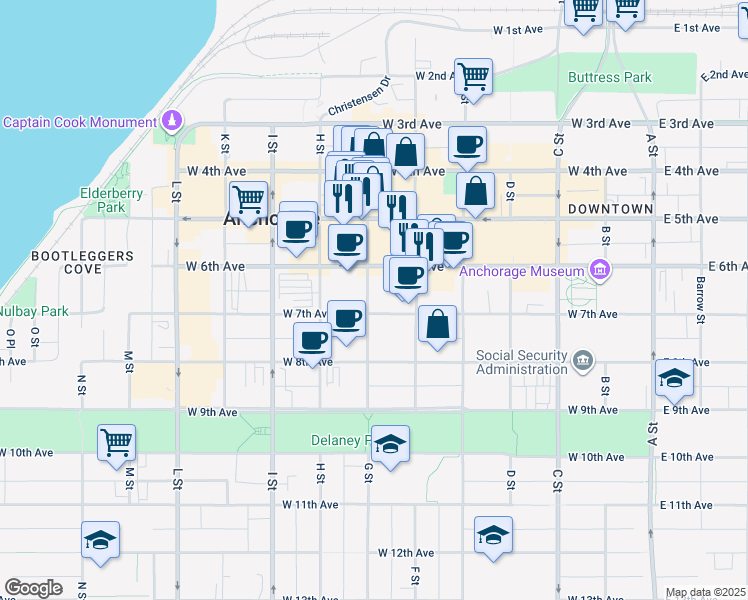 map of restaurants, bars, coffee shops, grocery stores, and more near in Anchorage