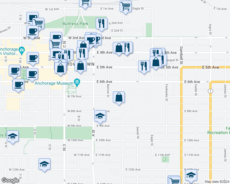 map of restaurants, bars, coffee shops, grocery stores, and more near in Anchorage