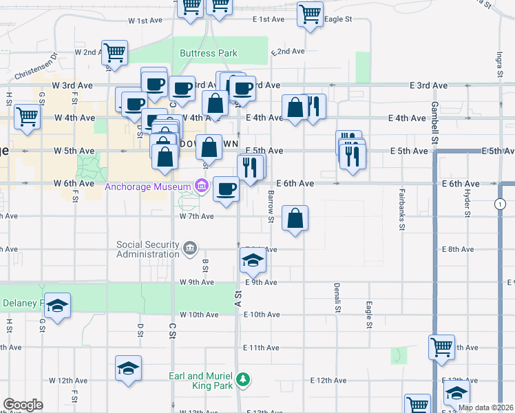 map of restaurants, bars, coffee shops, grocery stores, and more near 600 Barrow Street in Anchorage