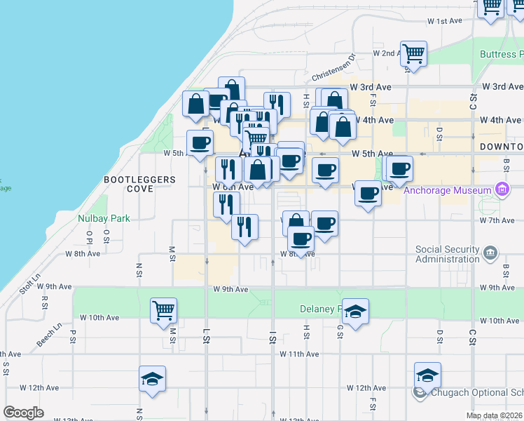 map of restaurants, bars, coffee shops, grocery stores, and more near in Anchorage