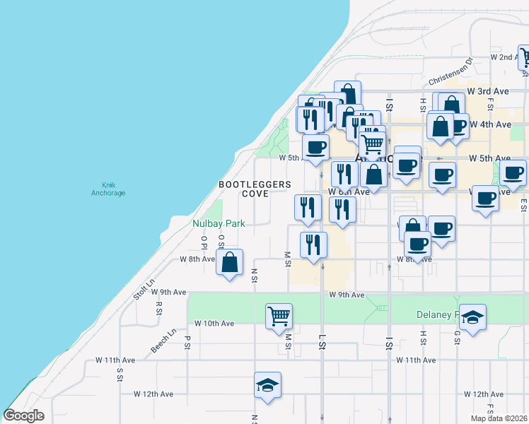 map of restaurants, bars, coffee shops, grocery stores, and more near 605 N Street in Anchorage