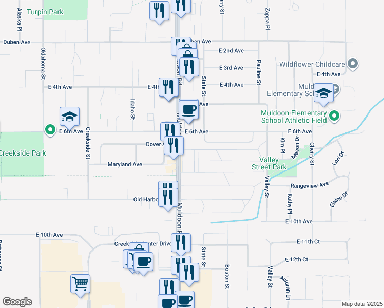map of restaurants, bars, coffee shops, grocery stores, and more near 705 Muldoon Road in Anchorage