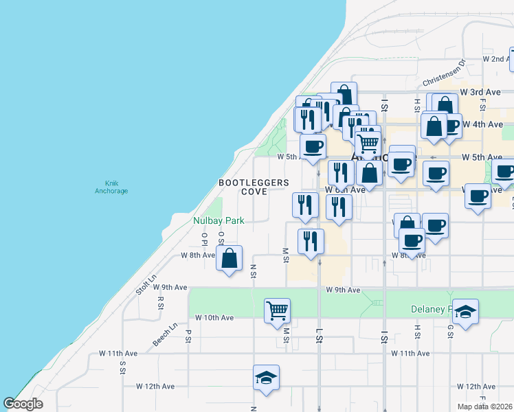 map of restaurants, bars, coffee shops, grocery stores, and more near 605 N Street in Anchorage