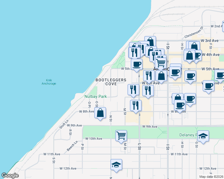 map of restaurants, bars, coffee shops, grocery stores, and more near 605 N Street in Anchorage