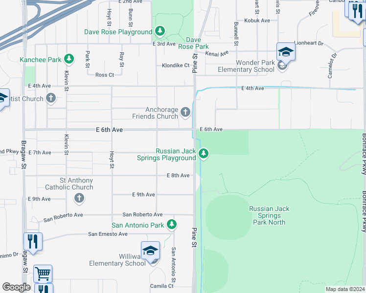 map of restaurants, bars, coffee shops, grocery stores, and more near 4614 East 6th Avenue in Anchorage