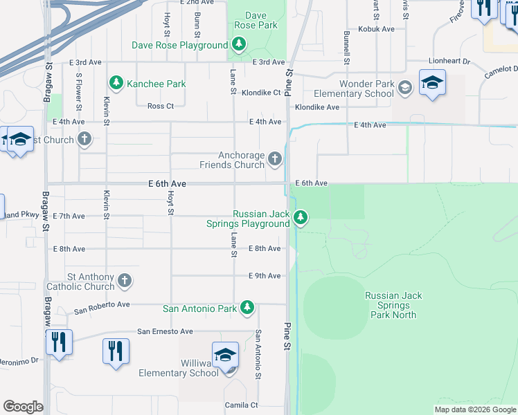 map of restaurants, bars, coffee shops, grocery stores, and more near 4614 East 6th Avenue in Anchorage