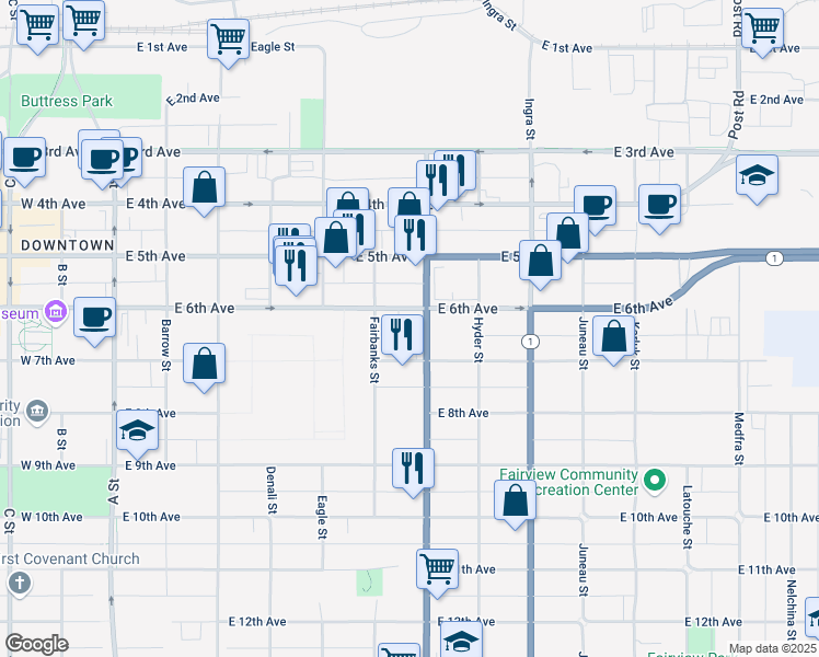 map of restaurants, bars, coffee shops, grocery stores, and more near 618 East 6th Avenue in Anchorage