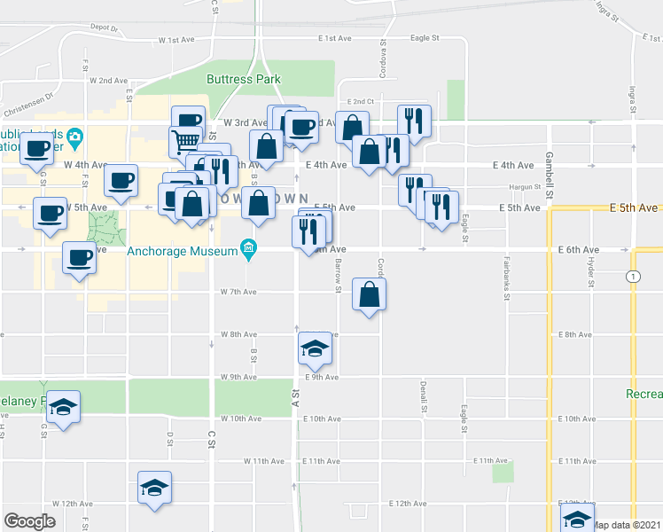 map of restaurants, bars, coffee shops, grocery stores, and more near 600 Barrow Street in Anchorage