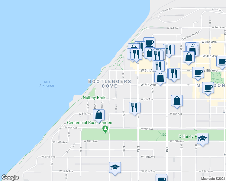 map of restaurants, bars, coffee shops, grocery stores, and more near 605 N Street in Anchorage