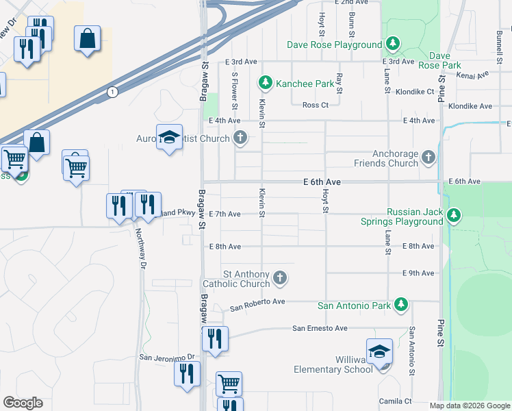 map of restaurants, bars, coffee shops, grocery stores, and more near 602 Klevin Street in Anchorage