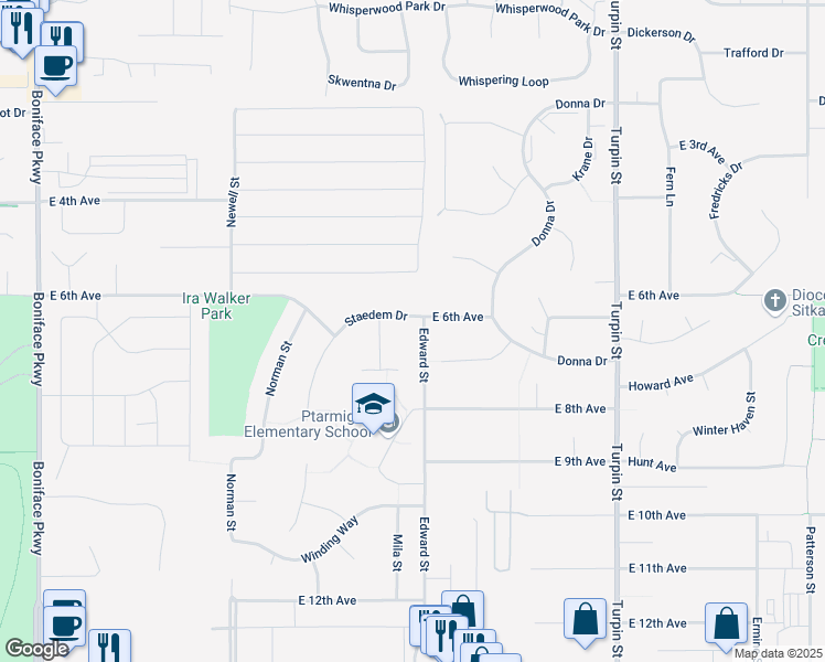 map of restaurants, bars, coffee shops, grocery stores, and more near 6205 Staedem Drive in Anchorage