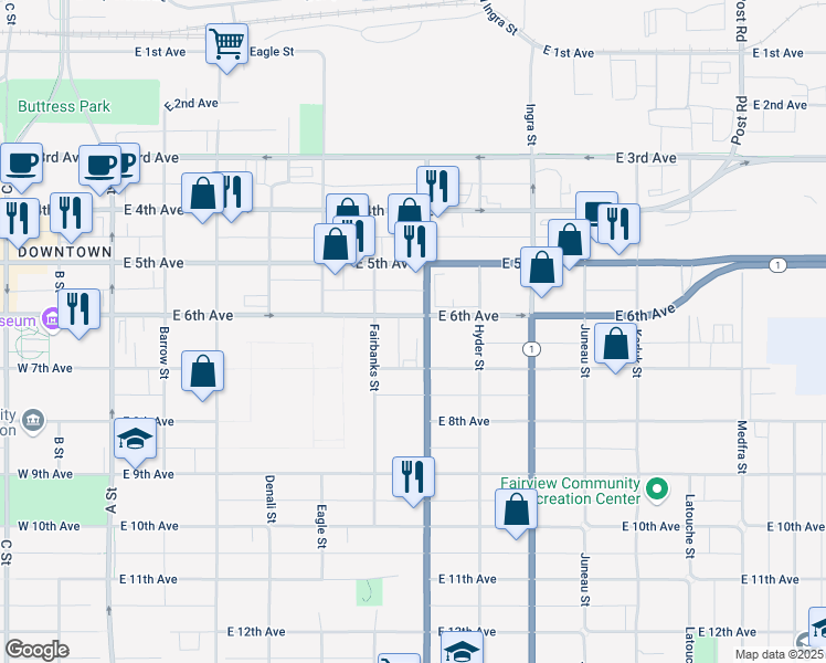 map of restaurants, bars, coffee shops, grocery stores, and more near 618 East 6th Avenue in Anchorage