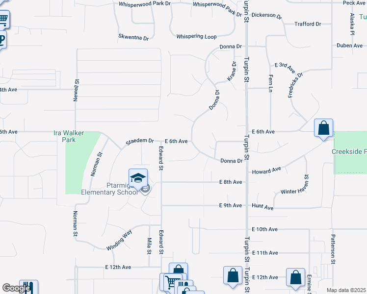 map of restaurants, bars, coffee shops, grocery stores, and more near 6340 East 6th Avenue in Anchorage