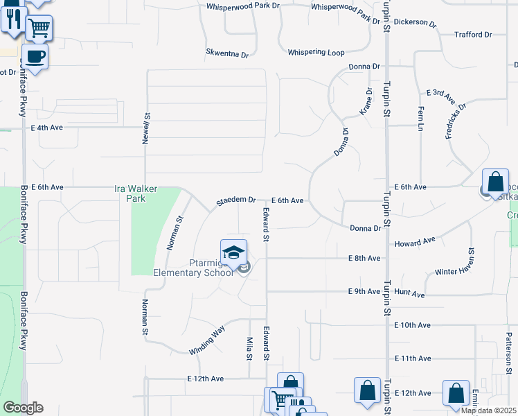 map of restaurants, bars, coffee shops, grocery stores, and more near 6205 Staedem Drive in Anchorage