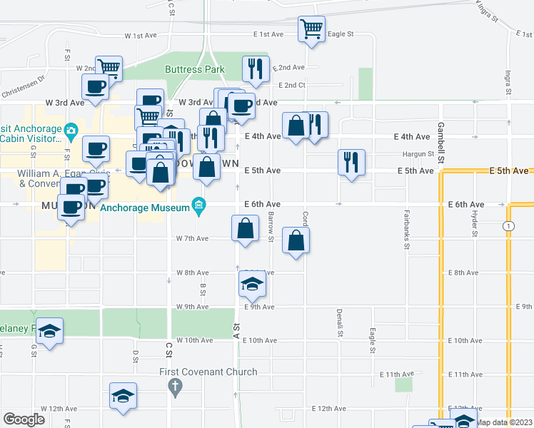 map of restaurants, bars, coffee shops, grocery stores, and more near 600 Barrow Street in Anchorage