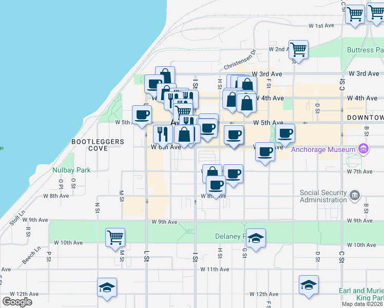 map of restaurants, bars, coffee shops, grocery stores, and more near in Anchorage