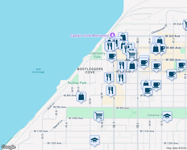 map of restaurants, bars, coffee shops, grocery stores, and more near 605 N Street in Anchorage