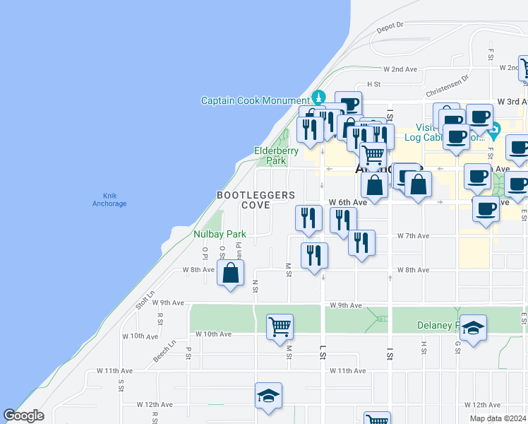 map of restaurants, bars, coffee shops, grocery stores, and more near 609 N Street in Anchorage