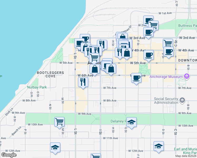 map of restaurants, bars, coffee shops, grocery stores, and more near in Anchorage
