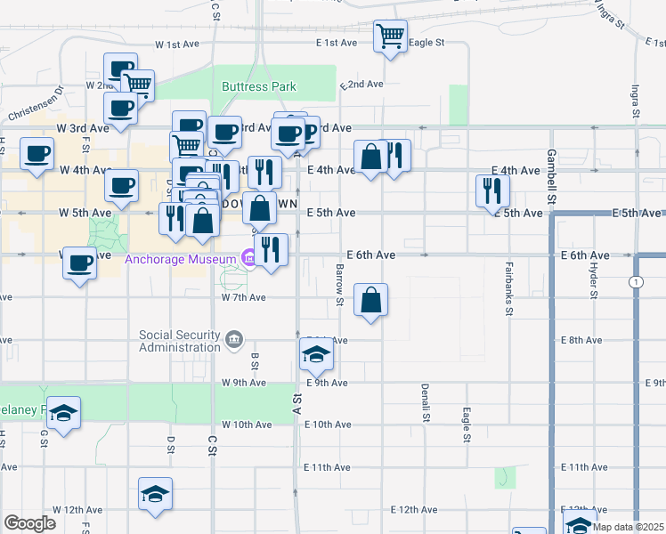 map of restaurants, bars, coffee shops, grocery stores, and more near 600 Barrow Street in Anchorage