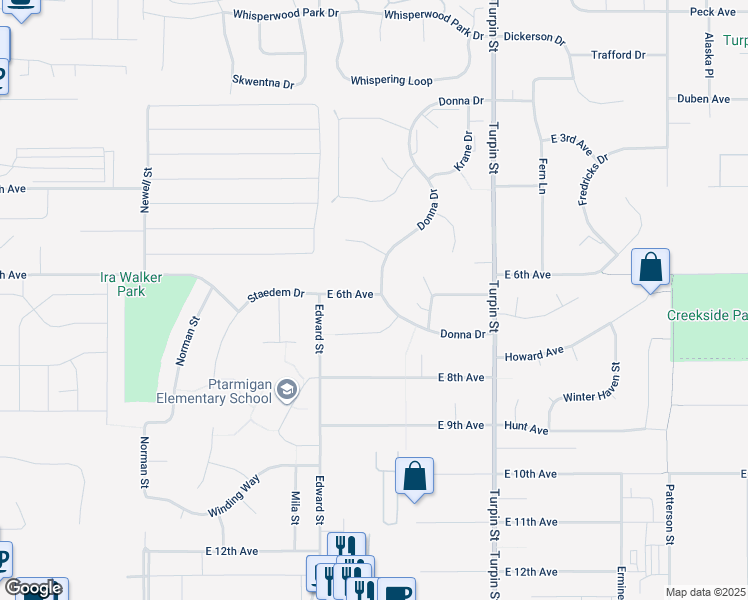 map of restaurants, bars, coffee shops, grocery stores, and more near 6340 East 6th Avenue in Anchorage