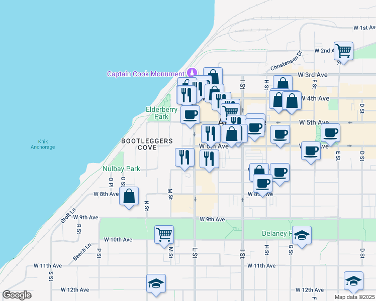map of restaurants, bars, coffee shops, grocery stores, and more near 1110 West 6th Avenue in Anchorage
