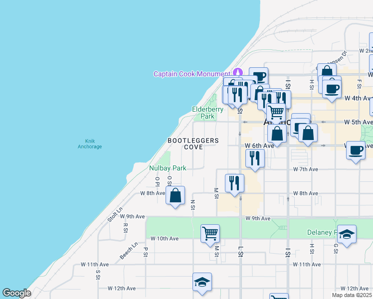 map of restaurants, bars, coffee shops, grocery stores, and more near 1306 West 6th Avenue in Anchorage