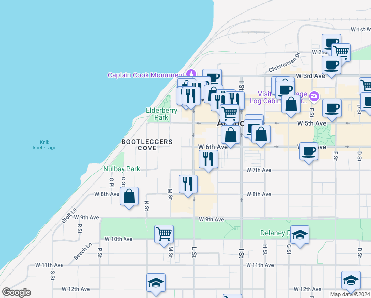 map of restaurants, bars, coffee shops, grocery stores, and more near 1110 West 6th Avenue in Anchorage