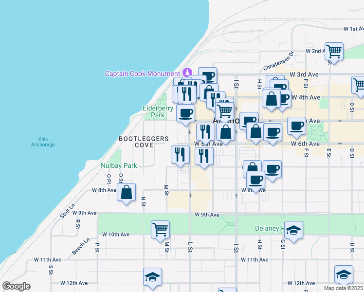 map of restaurants, bars, coffee shops, grocery stores, and more near 1110 West 6th Avenue in Anchorage