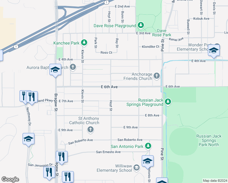 map of restaurants, bars, coffee shops, grocery stores, and more near 4300 East 6th Avenue in Anchorage