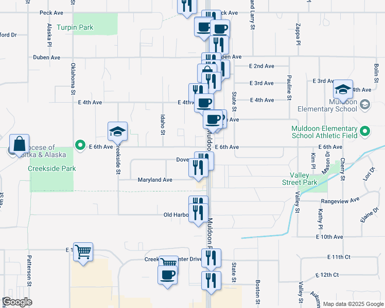 map of restaurants, bars, coffee shops, grocery stores, and more near 7813 Dover Avenue in Anchorage