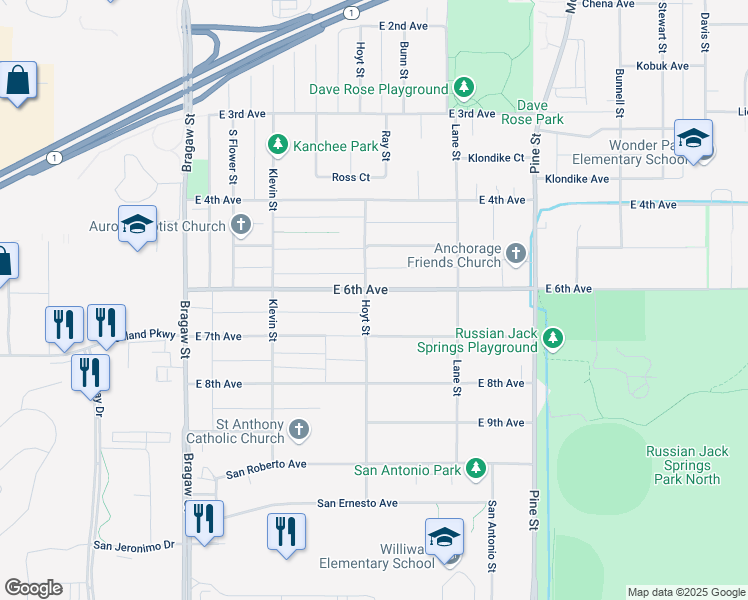 map of restaurants, bars, coffee shops, grocery stores, and more near 4300 East 6th Avenue in Anchorage