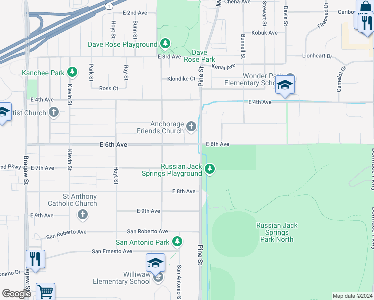 map of restaurants, bars, coffee shops, grocery stores, and more near 4614 East 6th Avenue in Anchorage