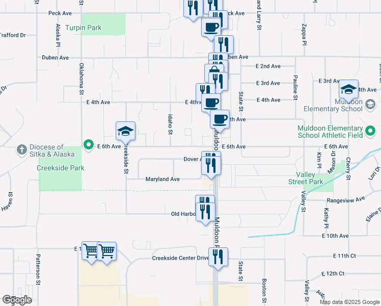 map of restaurants, bars, coffee shops, grocery stores, and more near 7737 Dover Avenue in Anchorage