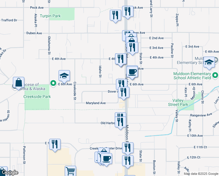 map of restaurants, bars, coffee shops, grocery stores, and more near 7737 Dover Avenue in Anchorage