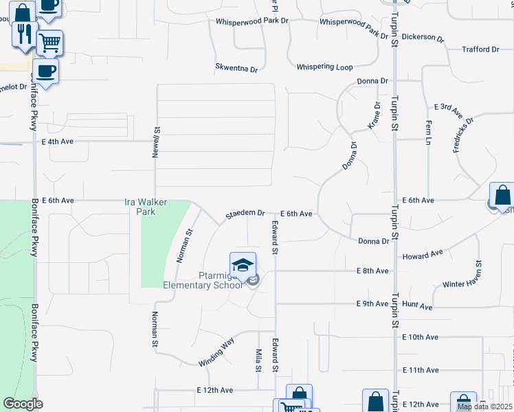 map of restaurants, bars, coffee shops, grocery stores, and more near 6205 Staedem Drive in Anchorage