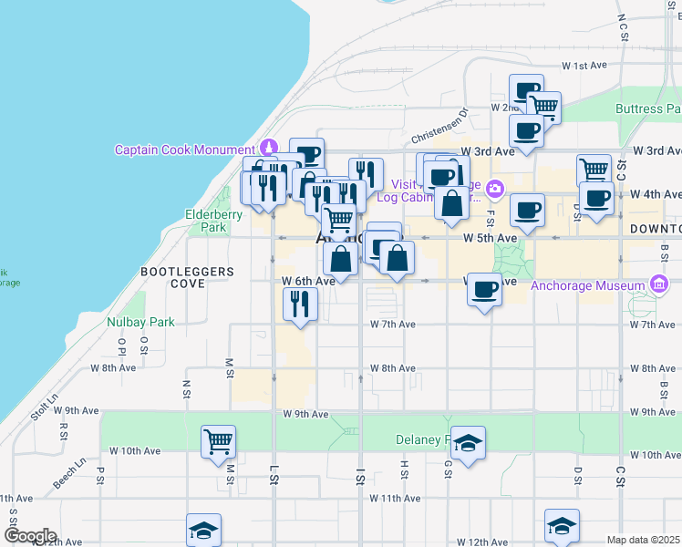 map of restaurants, bars, coffee shops, grocery stores, and more near 707 A Street in Anchorage
