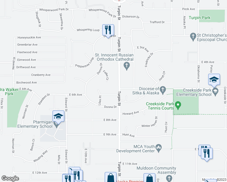 map of restaurants, bars, coffee shops, grocery stores, and more near 6623 East 6th Avenue in Anchorage