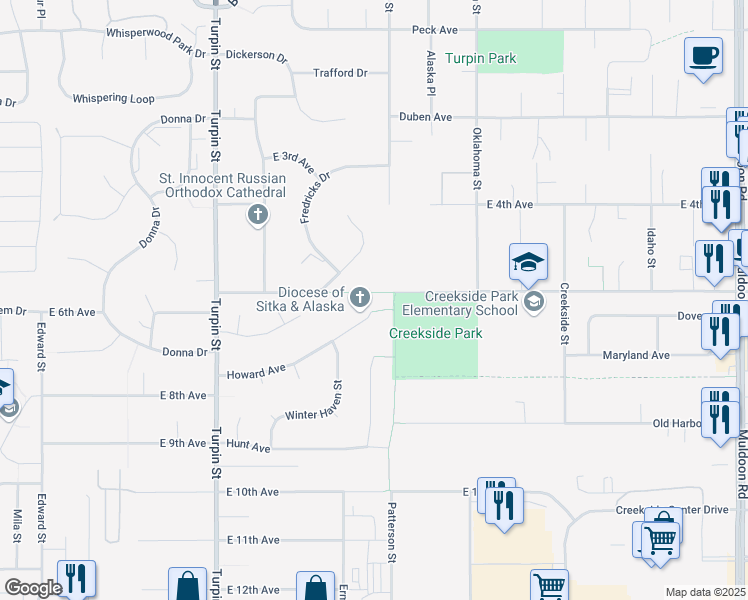 map of restaurants, bars, coffee shops, grocery stores, and more near 7061 Howard Avenue in Anchorage