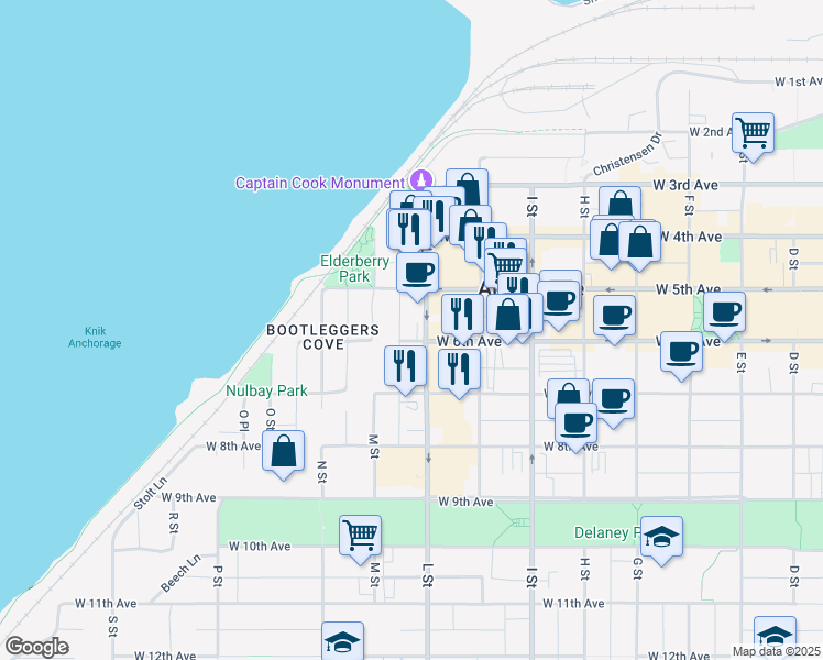 map of restaurants, bars, coffee shops, grocery stores, and more near 1110 West 6th Avenue in Anchorage
