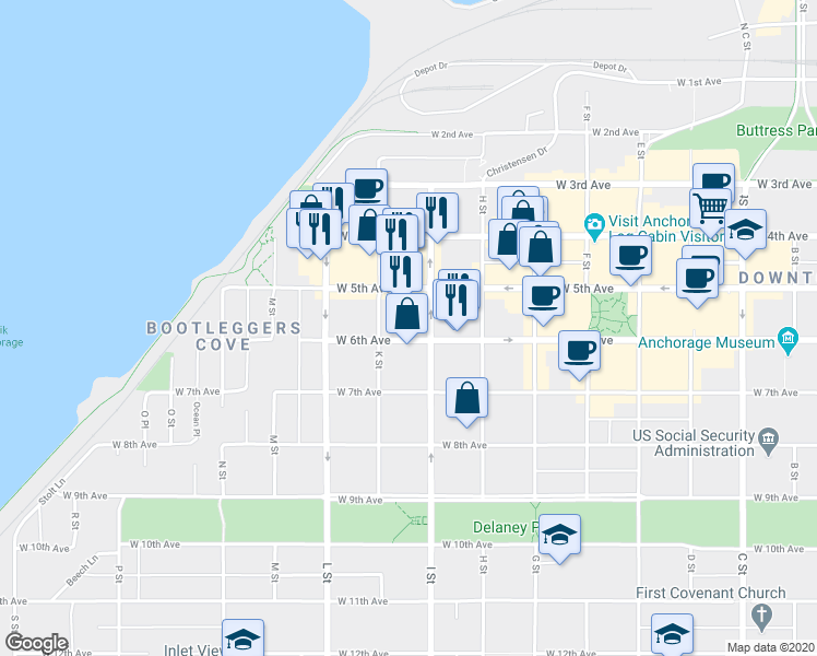 map of restaurants, bars, coffee shops, grocery stores, and more near in Anchorage