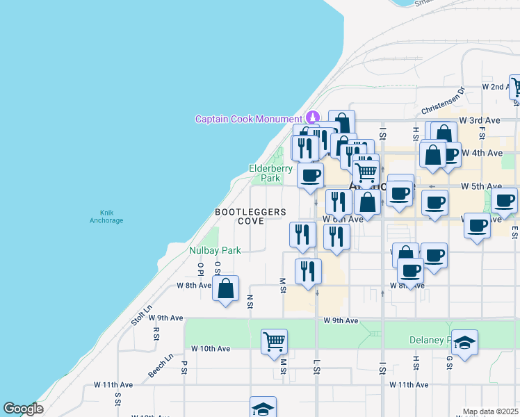 map of restaurants, bars, coffee shops, grocery stores, and more near 605 N Street in Anchorage
