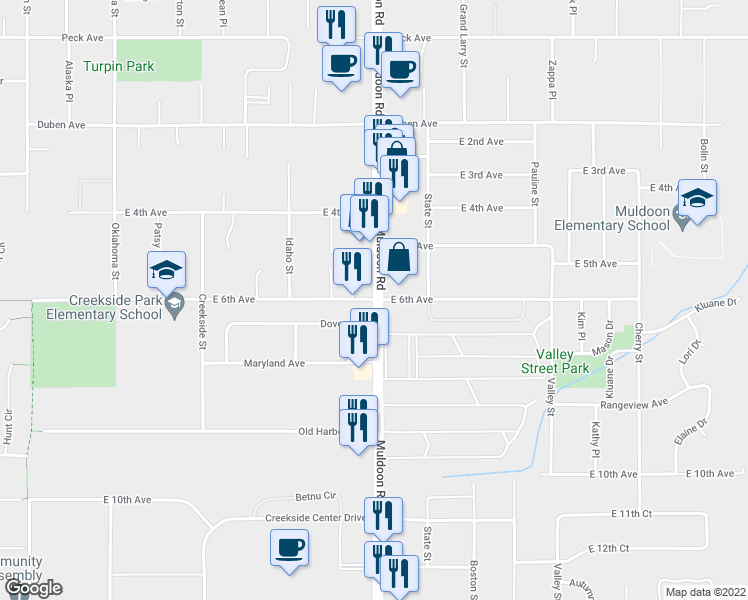 map of restaurants, bars, coffee shops, grocery stores, and more near Muldoon Rd & E 6th Ave in Anchorage