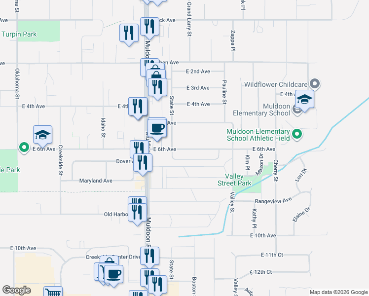 map of restaurants, bars, coffee shops, grocery stores, and more near 705 Muldoon Road in Anchorage