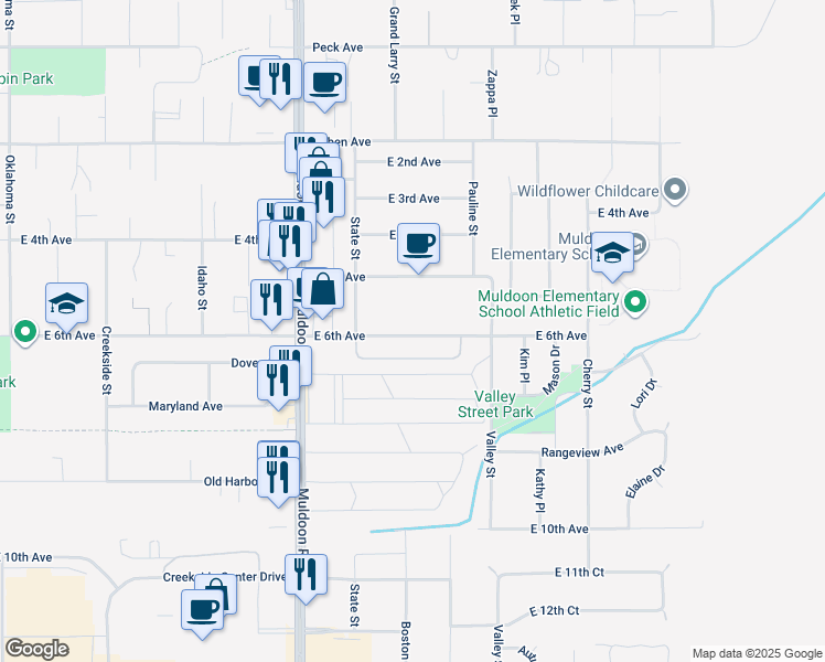 map of restaurants, bars, coffee shops, grocery stores, and more near 705 Muldoon Road in Anchorage